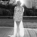 Runhufu 3D Flowers Short A-Line Wedding Dresses Pearls Beadings Tulle Long Sleeves Bride Gown Backless Illusion Boho Bridal Dress