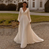 Runhufu vestidos de fiesta Boho Chiffon Long Sleeves A Line Wedding Dresses Sweep Train Bride Gown vestidos de noiva 2024