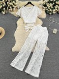 Runhufu High Street Women Lace Slim Two Pieces Suits Summer Lace Up Short Top+Wide Legs Long Pants Set Retro Lace Floral Sets