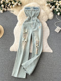 Runhufu American Retro Streetwear Denim Jumpsuits Zipper Pocket High Waist Wide Legs Ripped Pants Summer Women Slim Rompers