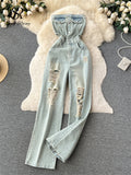 Runhufu American Retro Streetwear Denim Jumpsuits Zipper Pocket High Waist Wide Legs Ripped Pants Summer Women Slim Rompers