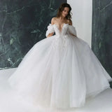 Runhufu long V-neck decal Luxury wedding dress with off rotator sleeves Romantic Wedding A-line pleated bridal party dress