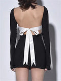 Runhufu Vintage Backless Bowknot Black Bodycon Dress Women's Autumn Long Sleeve O Neck Wrap Mini Sheath Dress Street Party