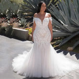 Runhufu V-neck Mermaid Wedding Dress Plus Size Off The Shoulder Backless robe de mariee Applique Train Bridal Gown vestidos