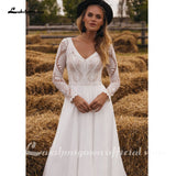 runhufu Chiffon V Neck Long Sleeve Bridal Dress Sweep Train Lace Open Back Bohemian Boho Beach Wedding Dress Wedding Gown