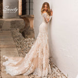 Runhufu Mermaid Wedding Dresses Embroidered Lace On Net Bridal Gown Boat Neck Full Sleeve Back Button Appliques Vestido De Novia