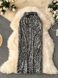 Runhufu Women Sequines Shiny Skirt 2024 New Autumn Fashion American Retro Streetwear Bodycon Senior Slim Fit Midi Party Skirt
