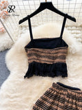 Runhufu Summer Knitted Beach Two Pieces Suits Women Strap Tassel Camis+Long Skirts Fashion Hollow Out Vintage Bohe Slim Sets