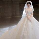 runhufu Sleeve Beading Wedding Dress 2023 New Luxury Big Train Bride Dresses Tuller Ball Gown Wedding Dresses Vestido De Noiva