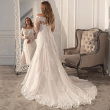 Runhufu A-line Lace Long Sleeve Wedding Dress 2023 Sexy Boat Neck Corset Appliques Court Train Plus Size Bridal Gowns