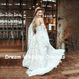 Runhufu Halter Lace Beach Boho Wedding Dresses Flare Sleeves High Split Summer Flowying Train Backless Bridal Gowns Custom Size