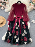 Runhufu Senior Knitted Patchwork Dress Long Lantern Sleeves Bow Mesh Embroidery Floral Women Autumn France Elegant Party Dress