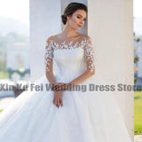 Runhufu Elegant Fluffy Wedding Dresses Bridal Gown Round Neck Long Sleeves Vestidos De Novia Beautiful Bridal Dresses Lace Applique