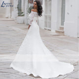 Runhufu NICEB Sexy Boat Neck Mermaid Wedding Dress 3/4 Lace Sleeves robe de mariée Off Shoulder Appliques Buttons Bridal Gown