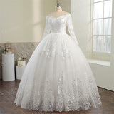 runhufu Neck White Full Sleeve Wedding Dresses Long Appliques Lace Embroidery Sweetheart Off the shoulder Vintage Bridal Ball Gowns