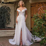 Runhufu Classic Off the Shoulder Wedding Gowns for Women Slit Lace Appliques Tulle Beadings Button A Line Robe De Mari¨¦e