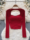 Runhufu Women Sporty Tops Square Collar Long Sleeve Backless Kink With Chest Pad Slim Fit American Streetwear Sexy Mini Blouse