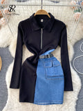 Runhufu 2024 New Patchwork Women Dress Korean Style Polo Collar Zipper Denim Belt Design Fashion Streetwear Bodycon Midi Dress