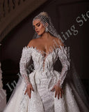 Runhufu New Luxury Wedding Dress Sparkly Sequin Dubai Off-Shoulder Long Sleeves Pearls Beads Mermaid Detachable Train Bridal Gown