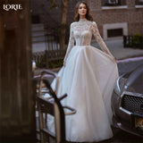 Runhufu Vintage Lace A-Line Wedding Dresses Glitter Tulle Brush Train High Neck Appliques Bridal Gowns Long Sleeves Bride Dress