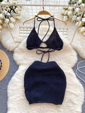 Runhufu Hotsweet Female Beach Suits Strapless Halter Sexy Camis+Drawstring Basics Slim Skirt Fashion Knitted Two Pieces Suit