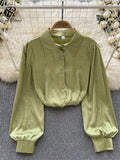 Runhufu Autumn Senior Vintage Shirt 2024 Fashion Lantern Sleeve Loose Beading Design Top Women Lapel Streetwear Diamons Blouse