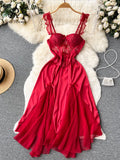 Runhufu Lace Sexy Camis Party Dress Summer Women Hollow Out Spliced Mesh Irregular Fashion Backless Slim Long Evening Dress
