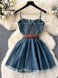 Runhufu Fashion Streetwear Denim Dress Spaghetti Strap Cross Lace Up Bow Belt Zipper Pleated Women American Vintage Mini Dress