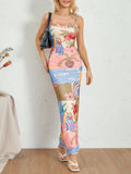 Runhufu Chic Floral& Fish Print Spaghetti Strap Long Dress Women's Summer Elegant Sleeveless O Neck Wrap Slip Bodycon Dress
