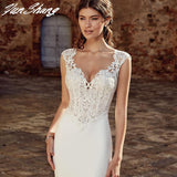 Runhufu Boho V-Neck Wedding Dress Mermaid For Women 2023 Sleeveless Bride Gown Lace Appliques Illusion Button Vestidos De Noiva