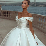 Runhufu Sexy Off Shoulder Bridal Dresses Satin Lvory A-Line Pleated Simple Princess Wedding Gowns Vestidos De Novia Formal Party