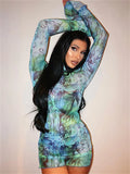 Runhufu See Through Floral Print Mesh Bodycon Mini Dress Women Sexy Flare Long Sleeve High Neck Party Club Dress Fall Streetwear