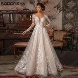 Runhufu Scoop Neck A-Line Wedding Dress Long Sleeves Illusion Back Tulle Bridal Gowns Lace Applique Plus Size Vestido De Novia