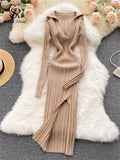 Runhufu Women Korean Knitted Dress Long Sleeve V Neck Elastic Slim Pencil Dresses 2024 Autumn Sexy Bodycon Split Sweater Dress