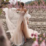 Runhufu Pink Boho Wedding Dress Detachable Puff Sleeve Bridal Dresses Sparky Pleat Side Split Wedding Gowns Beach Sweetheart vesti