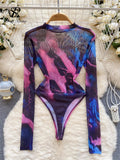 Runhufu Tie Dye Sheer Sensual Bodysuits Women O Neck Long Sleeves Transparent Slim Blouse Fashion Y2K Mesh Print Playsuits