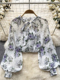 Runhufu Korean Print Chiffon Shirt Bow Neck Long Sleeves Loose Leopard Top Casual Paisley Vintage Floral Blouse Spring 2024