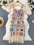 Runhufu 2024 Sunmmer Knitted Dress Hook Flower Hollow Out Tassel Women Slim Streetwear Original Design Fashion Vintage Dress