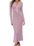 Runhufu Women's Autumn Knit Ribbed Bodycon Dress Elegant Fashion Patch Color Long Sleeve Lapel Neck Button down Wrap Long Dress