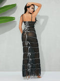 Runhufu Retro Sling Wrap Pleated Long Dress Women's See-Through Bowknot Mesh Sheer Bodycon Dress Party Nightclub Vestidos