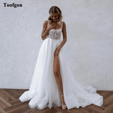 Runhufu Country Beach Wedding Dress Lace SoftTulle A Line Princess Wedding Gowns Boho Slit Backless Bride Formal Bridal Gown