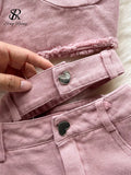 Runhufu Denim Pink Sexy Women Sets Zipper Sashes Button Pocket Irregular Strapless Backless Top Denim Skirt Two Piece Set