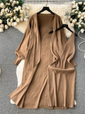 Runhufu Autumn Solid Knitted Two Pieces Suits Loose Cardigan+V Neck Tank Bodycon Mini Slim Skirt Women Streetwear Sweater Sets