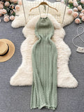 Runhufu Sexy Backless Knitted Dress Women Halter Sleeveless Hollow Out Split Sundress Korean Vacation Knit Beach Long Dress