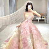 runhufu Spring New Simple Stamped Wedding Dress Strapless Colorful Flower Bridal Dress Sweep Tail Party Prom Dress Vestido De Noiva