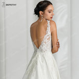 Runhufu V Neck Sexy Backless Satin Ivory Wedding Dresses For Women Sleeveless 2024 Lace Bodice Sweep Train Boho Bridal Gown