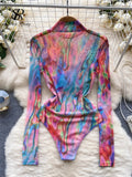 Runhufu American Retro Tie Dye Print Playsuits Stand Collar Long Sleeves Slim Artistic Top Open Crotch Mesh Sexy Bodysuits