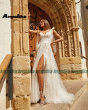 Runhufu Fashionable Bow Wedding Dresses 2024 Bride Appliques V Neck A Line Tulle High Split Button Sweep Train Custom Made