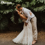 Runhufu Lace Spaghetti Straps Tulle Boho Wedding Dress Sleeveless A Line Backless V-Neck Bridal Gowns Beach Summer
