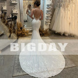 Runhufu Mermaid Wedding Dress Women V-Neck Lace Open Back Spaghetti Straps Sleeveless Bridal Gown Sweep Train Vestidos De Noiva